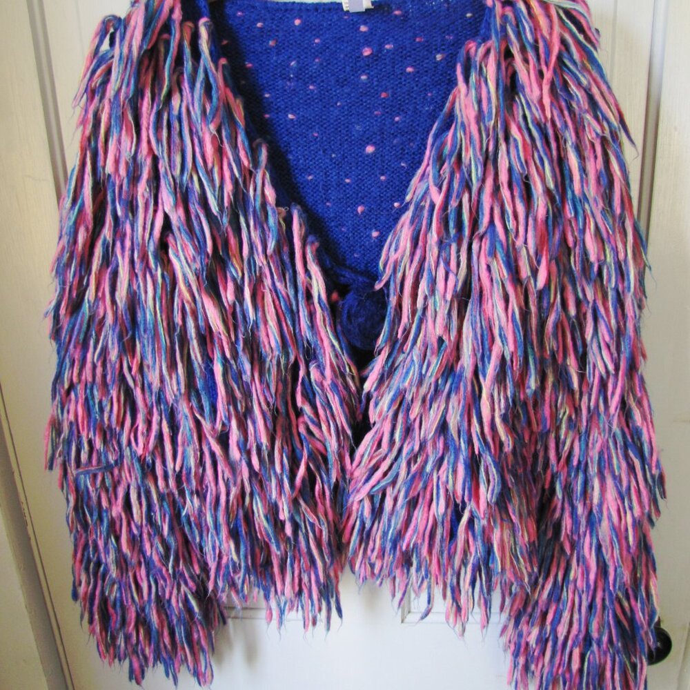 SUPER SHAGGY - Furry Fluffy Pink Fringe Blue Festival Cardigan Coat Sweater L